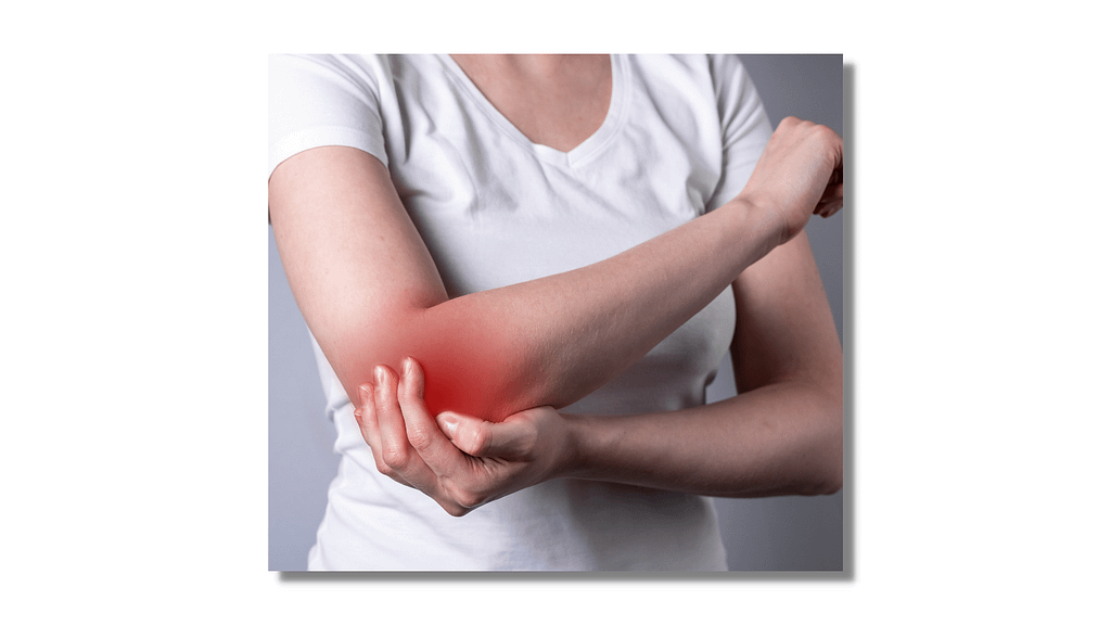 woman wearing white shirt with elbow pain