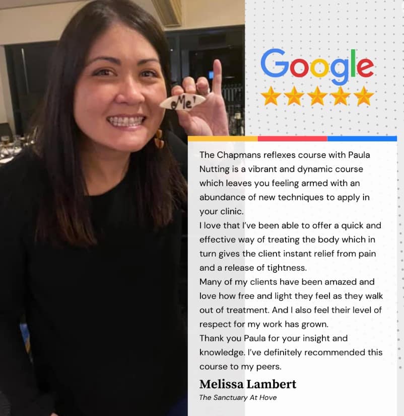 Smiling therapist holding up her name and her 5 star testimonial on how amazing doing Paula Nuttings unique protocol is for reaching your dreams