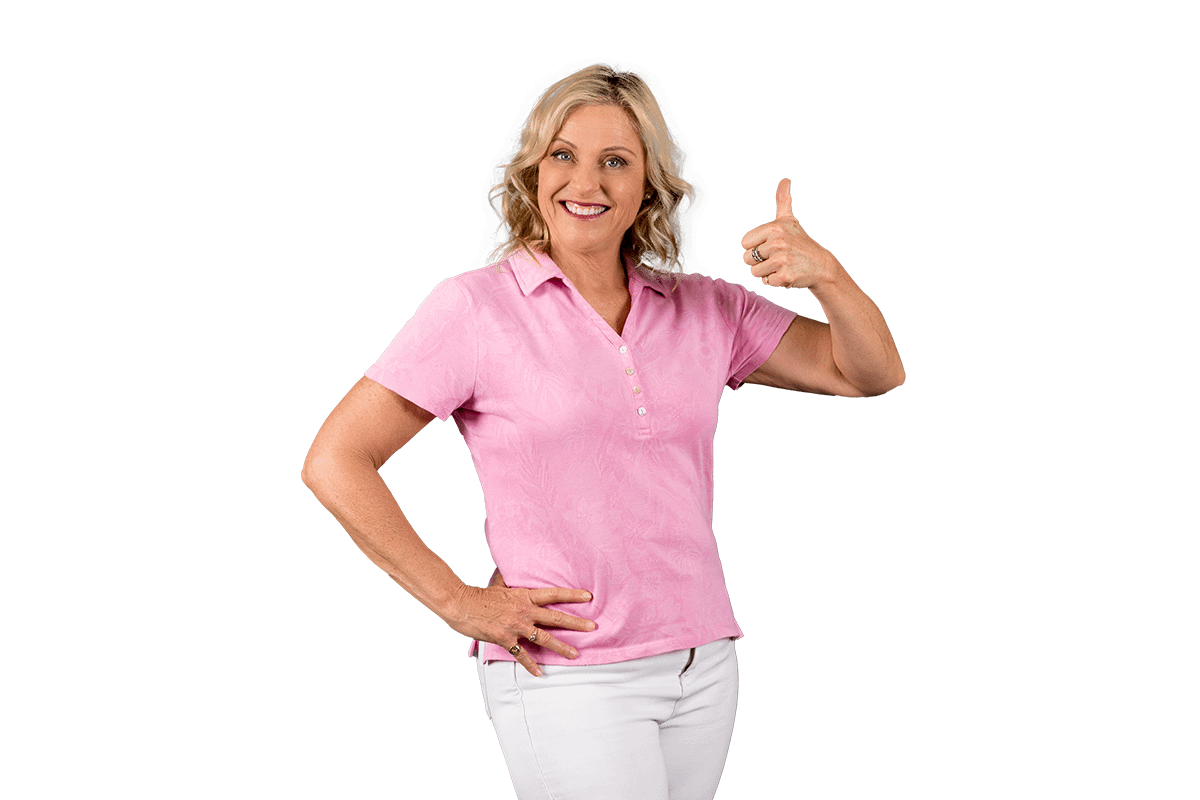 Paula Nutting, Your musculoskeletal specialist, wearing a pink blouse smiling with a thumbs up